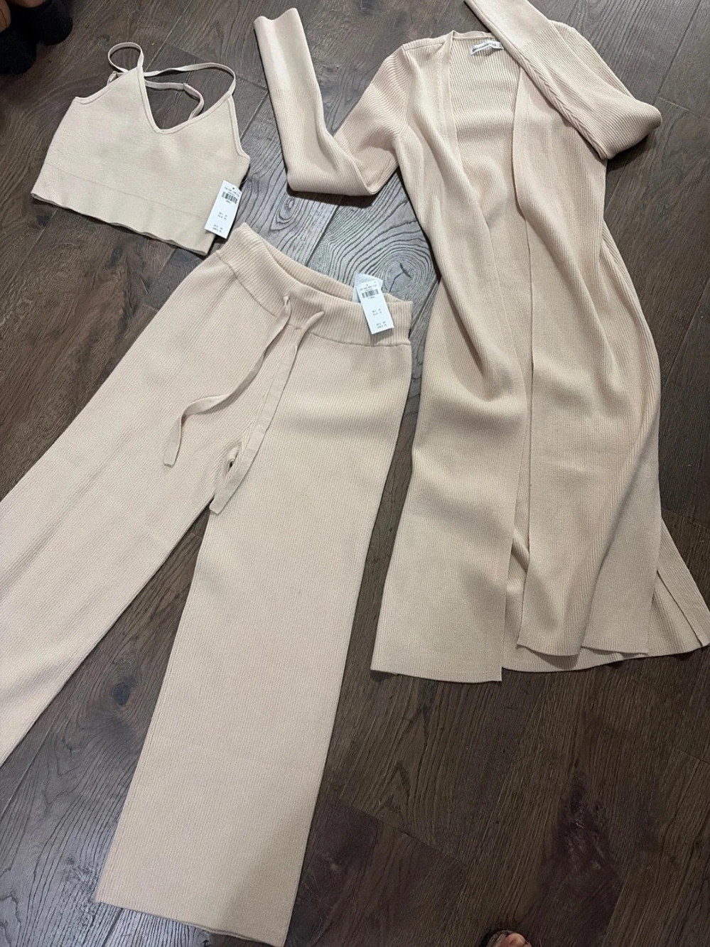 Abercrombie & Fitch Neutral Beige Ribbed Wide-Leg Pants Set